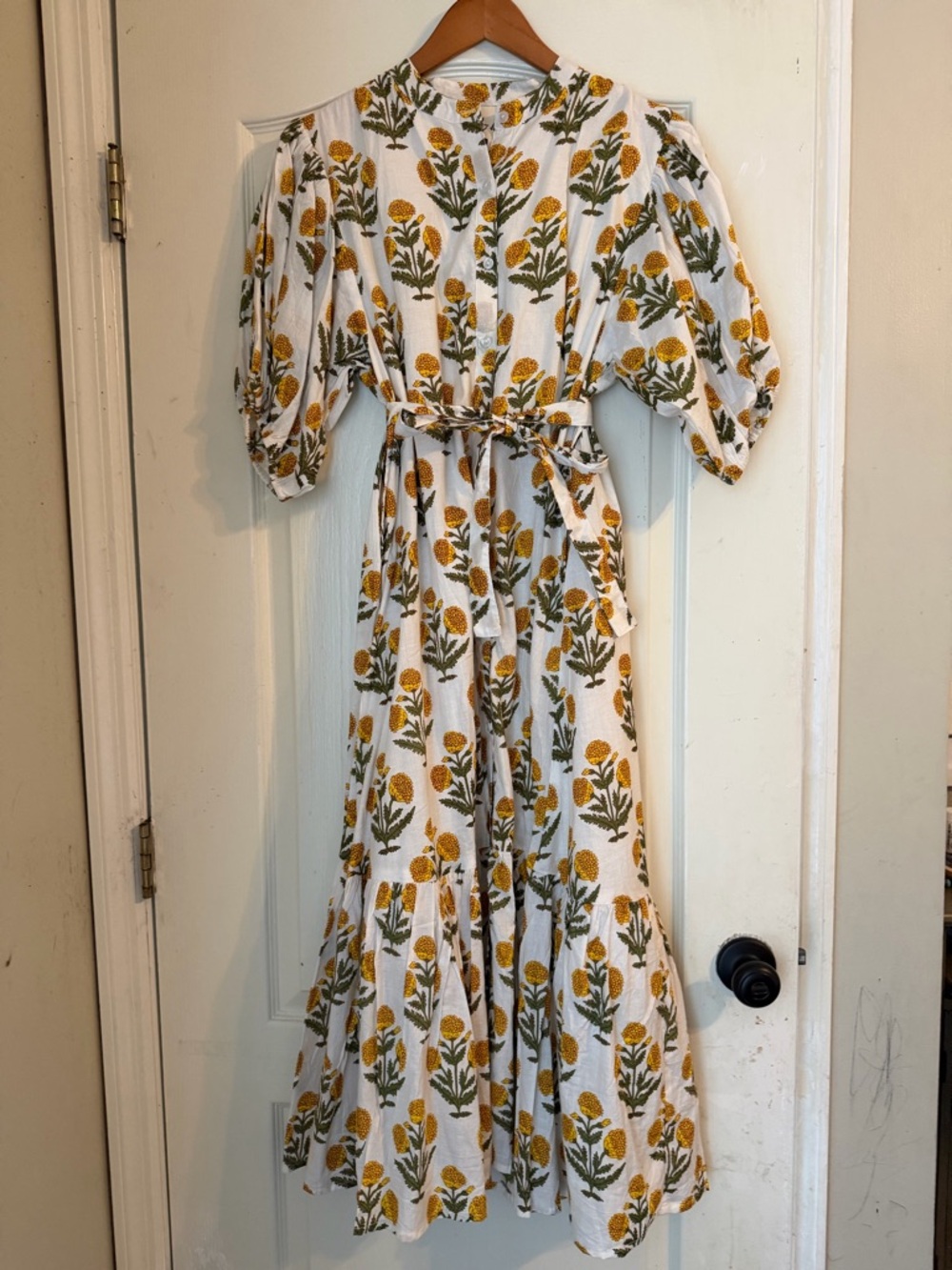 White Maxi Dress with Yellow Floral Print and Tie Waist